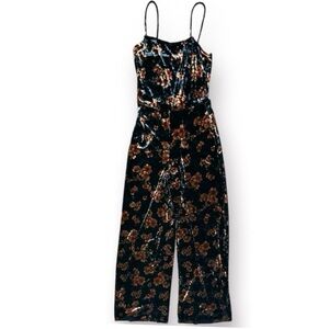 Free Press Black Floral Velvet Sleeveless Jumpsuit Wide Leg Women’s Size Small